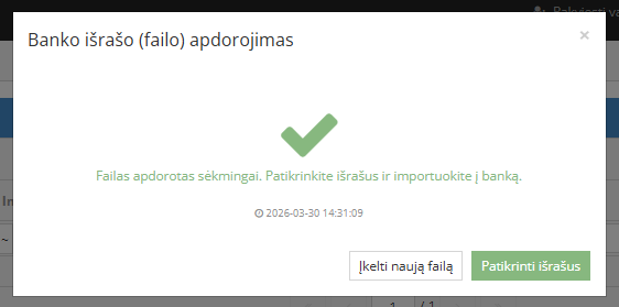 Banko išrašo failo apdorojimo pranešimas